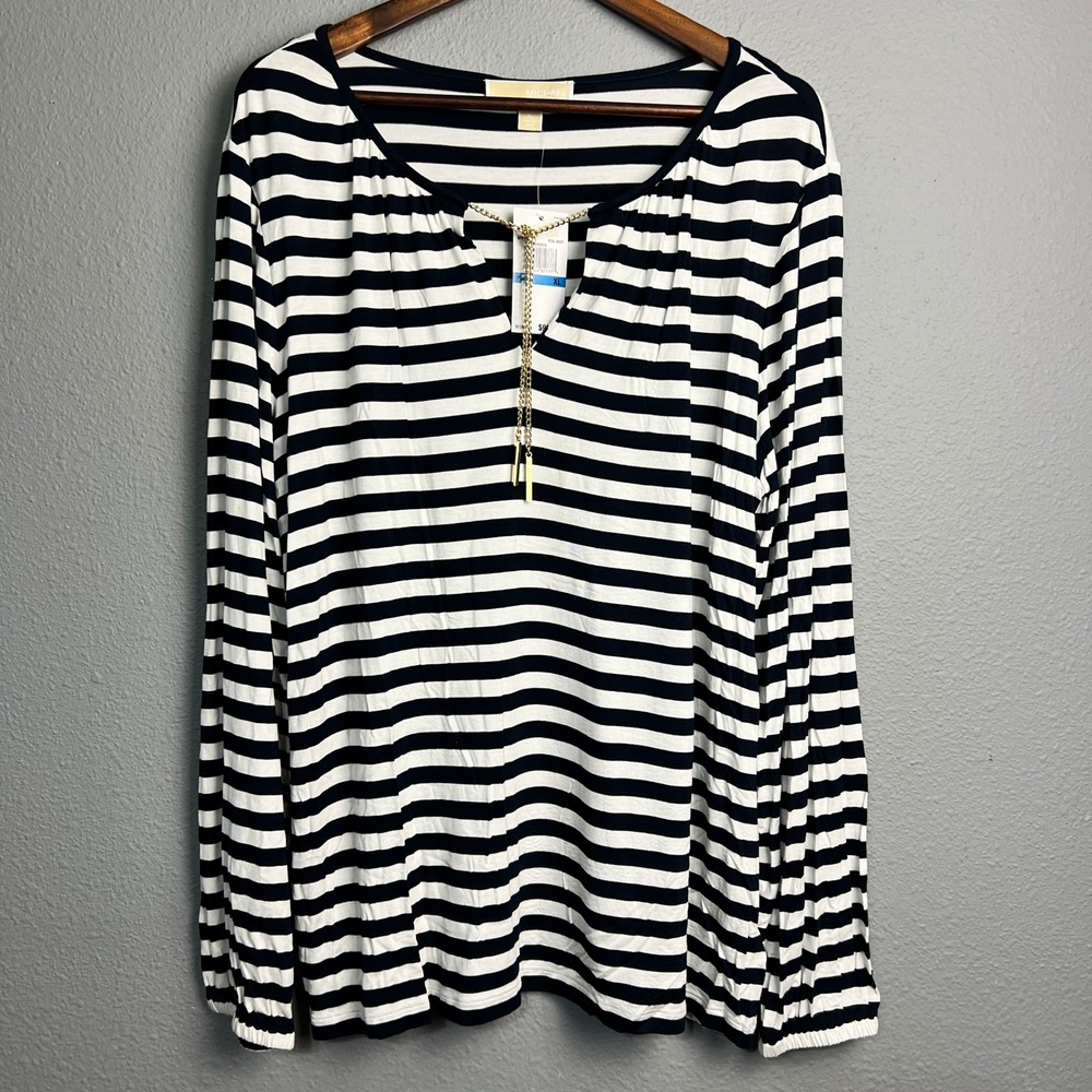 Michael Kors‎ Coastal Nautical Striped L/SL Boat Neck Top Gold Chain Detail XL